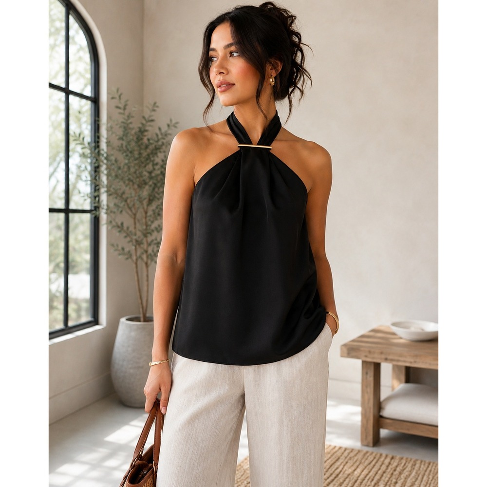 Jason Wu Collective Black Halter Neck Blouse Gold Bar Detail Top Size 12